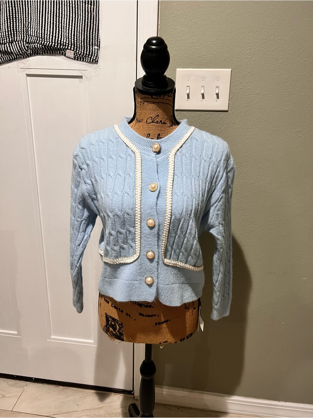 Cider Light Blue Cable Knit Cardigan with Pearl Buttons NWT SMALL